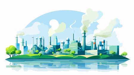 Industrial landscape with smokestack and river. Vector illustration.のイラスト素材