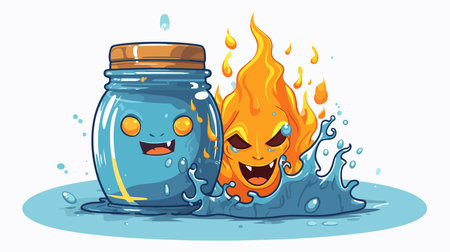 Burning glass jar with a scary face. Vector cartoon illustration.のイラスト素材