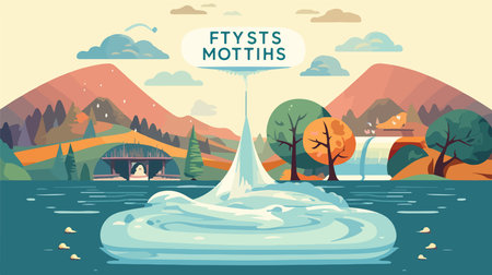 Fantasy landscape with lake and mountains. Vector illustration in flat styleのイラスト素材