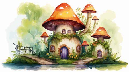 Illustration of a fairy tale house in the forest with mushrooms.のイラスト素材