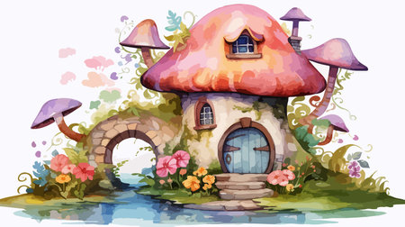 Illustration of a fairy-tale house in the garden with flowersのイラスト素材