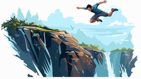 Man jumping from cliff to waterfall. Vector illustration in flat style.のイラスト素材