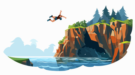 Man jumping off a cliff into the sea. Vector cartoon illustration.のイラスト素材