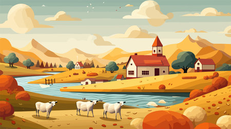 Autumn landscape with farm and sheep. Vector illustration in cartoon styleのイラスト素材