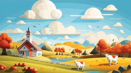 Autumn rural landscape with farm house and cow. Vector illustration.のイラスト素材