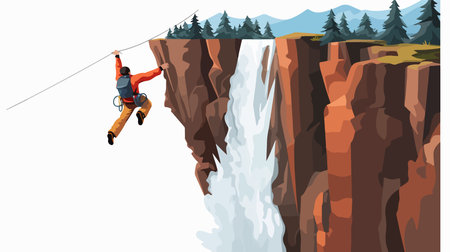 A man climbs a cliff in the mountains. Vector flat illustration.のイラスト素材