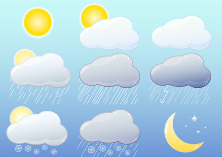 9 glossy iconsl representing  different weather symbol: sun, clouds, rain, storm, snow, night, gradient only, no transparencies. Illustrator 8 compatible EPS.のイラスト素材