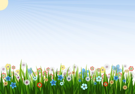 Vector illustration of a spring background with grass, flowers and sunのイラスト素材
