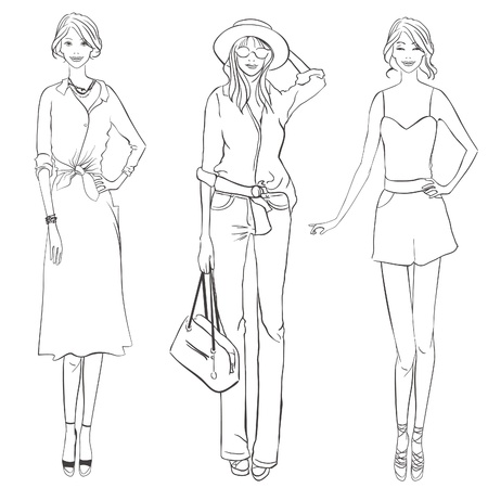 Three girls with different garment. Fashion designer sketch. のイラスト素材