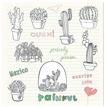 Hurting Love. Collection of the doodles cactus.のイラスト素材