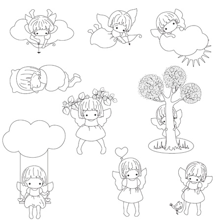 Set of little angel girls. Cupids. Black outline. Isolated. のイラスト素材