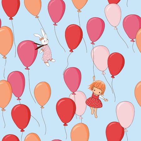 Endless pattern. Bunny, girl, balloons. Can be used for wallpaper, pattern fills, web page background, surface textures.のイラスト素材
