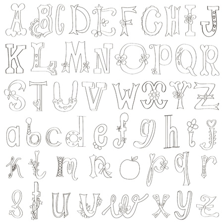 Hand-drawn funny alphabet, isolated on white, monochrome. のイラスト素材
