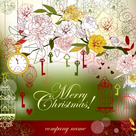 Christmas background with flowers, birdcage, keys  Copy space のイラスト素材