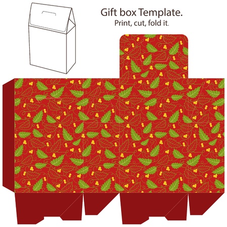 Christmas Gift box template. Abstract christmas pattern with holly berry. Empty label. のイラスト素材