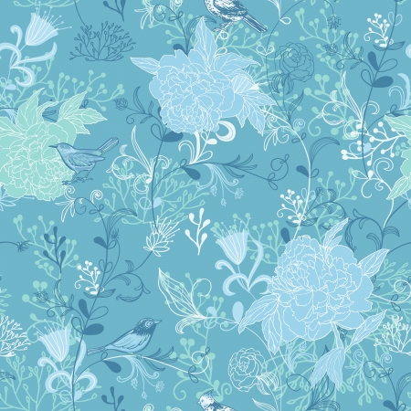 Nature background with birds, flower and plants  Seamless pattern  のイラスト素材