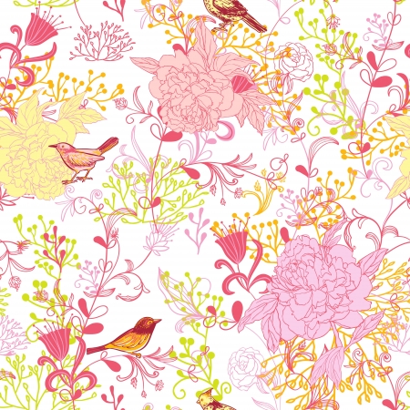 Nature background with birds, flower and plants  Seamless pattern  のイラスト素材