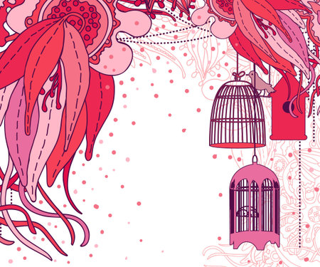 Doodle floral design. Design template. Background with flowers, bird and birdcages.のイラスト素材