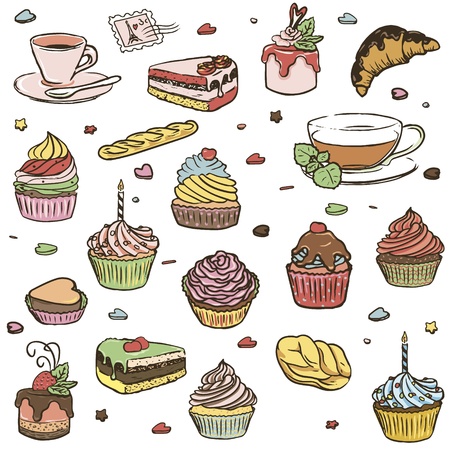 Illustration of delicious cupcakes, cup of coffee and cup of tea  in retro style. Isolated on white background.のイラスト素材