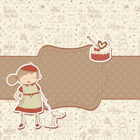 Paris travel background with cake and little french girl character, copyspace for text. Retro vintage style.のイラスト素材