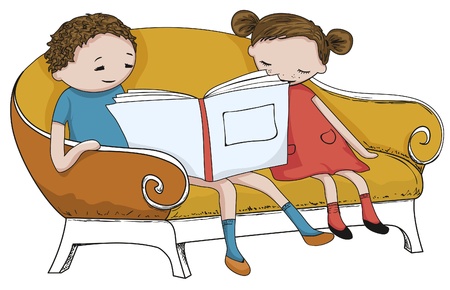illustration of kid reading open book sitting on sofaのイラスト素材