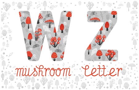 ABC, letters W, Z. Mushrooms and forest elements in colorful alphabet. Autumn forest ABC symbolsのイラスト素材