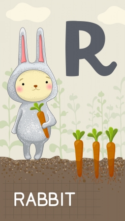 Animals ABC, letter R. Rabbit and garden with carrots in alphabet card. のイラスト素材