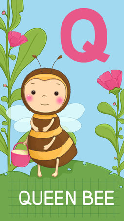 Animals ABC, letter Q. Queen bee in alphabet card. のイラスト素材