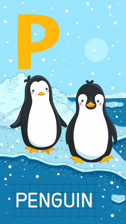 Animals ABC, letter P. Two Penguins in arctic habitat, alphabet card. のイラスト素材