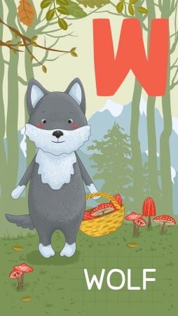 Animals ABC, letter W. Wolf in autumn forest, alphabet card. のイラスト素材