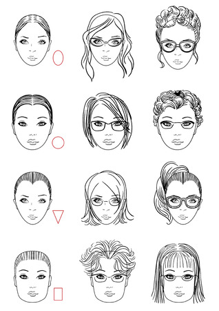forms of womens head, types of face shape. Correct and wrong hairstyle and glasses for face type. Illustration.のイラスト素材