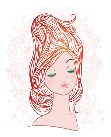 Beauty concept; Pretty young woman with red hair, isolated on white. Sketch. llustration. のイラスト素材