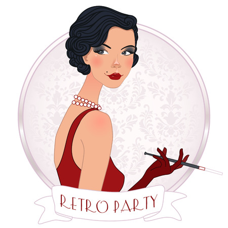 Retro background with flapper girl,  retro party invitation design in 20's styleのイラスト素材