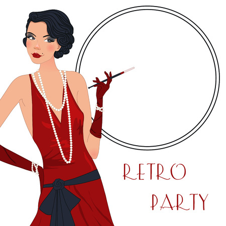 Retro background with flapper girl,  retro party invitation design in 20's styleのイラスト素材