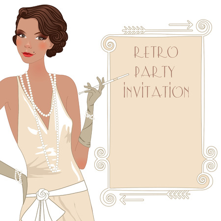 Retro background with flapper girl,  retro party invitation design in 20's styleのイラスト素材