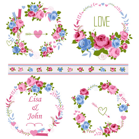 Abstract roses shabby-chic wreath with space for text. Wedding, birthday, celebration card template.のイラスト素材