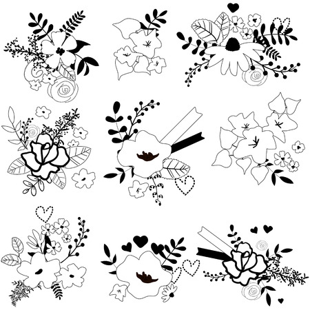 Set of cute hand-drawn floral bouquets, isolated. Wedding, birthday, celebration card template.のイラスト素材
