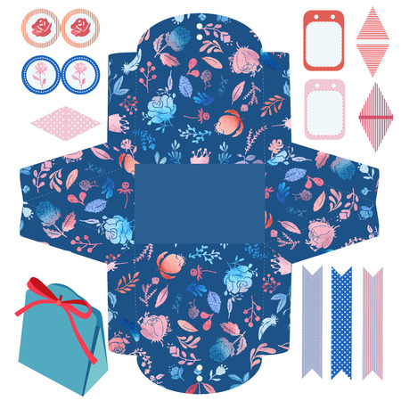 Party set. Gift box template.  Abstract floral pattern, country roses. Empty labels and cupcake toppers and food tags.のイラスト素材