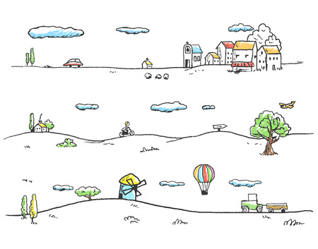 Vector illustration of rural landscape. Doodles hand-drawn style.のイラスト素材