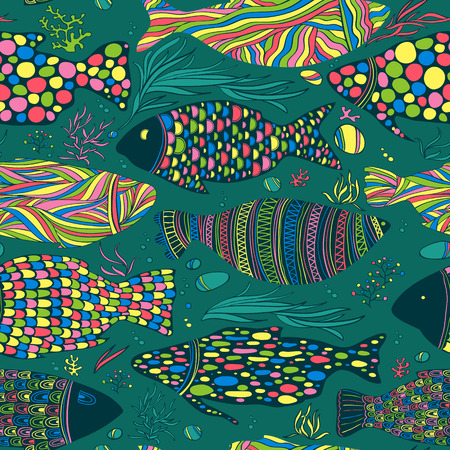 seamless fish pattern, colored, abstract styleのイラスト素材
