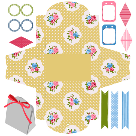 Party set. Gift box template.  Abstract floral shabby chic pattern, classic country roses. Empty labels and cupcake toppers and food tags.のイラスト素材