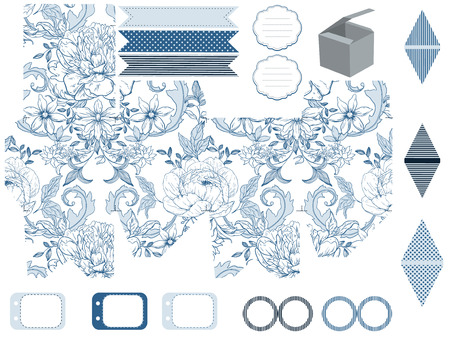 Party set. Gift box template.  Abstract vintage floral pattern with peonies. Empty labels and cupcake toppers and food tags.のイラスト素材