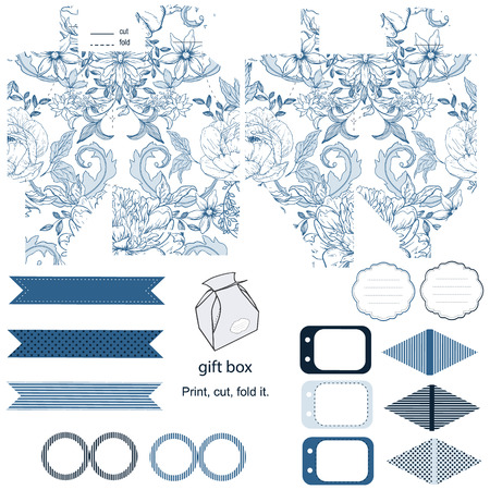 Party set. Gift box template.  Abstract vintage floral pattern with peonies. Empty labels and cupcake toppers and food tags.のイラスト素材