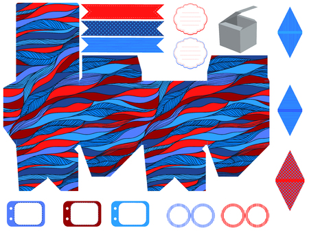 Party set. Gift box template.  Abstract waves pattern. Empty labels and cupcake toppers and food tags.のイラスト素材