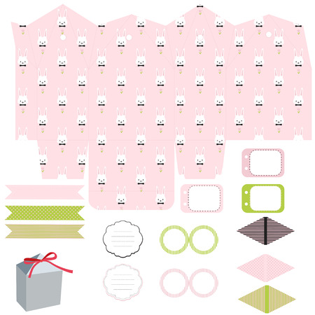 Party set. Gift box template. Empty labels and cupcake toppers and food tags.  Easter bunny pattern.のイラスト素材
