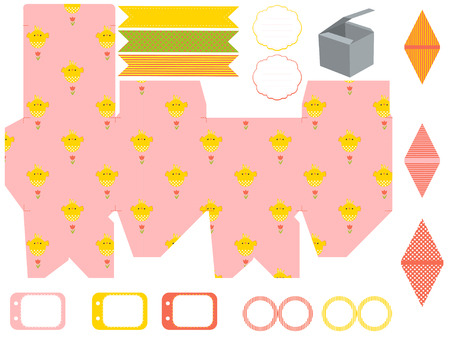 Easter Party set. Gift box template. Empty labels and cupcake toppers and food tags.  Easter pattern with chicken.のイラスト素材