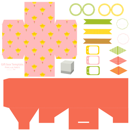 Easter Party set. Gift box template. Empty labels and cupcake toppers and food tags.  Easter pattern with chicken.のイラスト素材