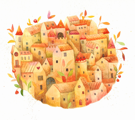 Old town. Watercolor illustration. Rustic houses and plants, compositionの写真素材