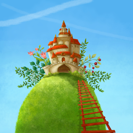 Surreal cartoon wonderland country village, romantic fairy tale landscape. Illustration.の写真素材