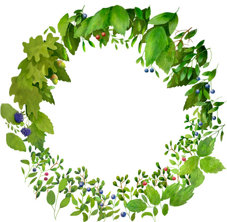 Watercolor leaves and berries wreath. Fast isolation. Hi-res file. Hand painted. Raster illustration.の写真素材
